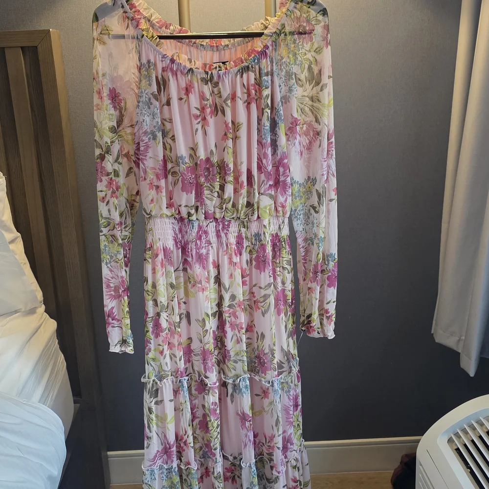 Women's Pink Floral Midi Dress with Long Sheer Sleeves - Picture 1 of 7